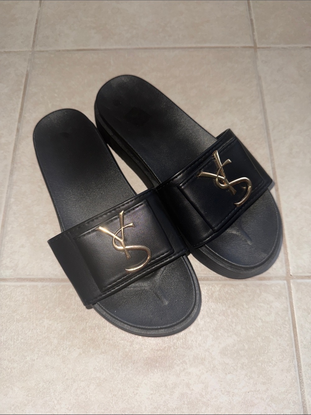 Black Women's Slide Sandals with Gold Logo